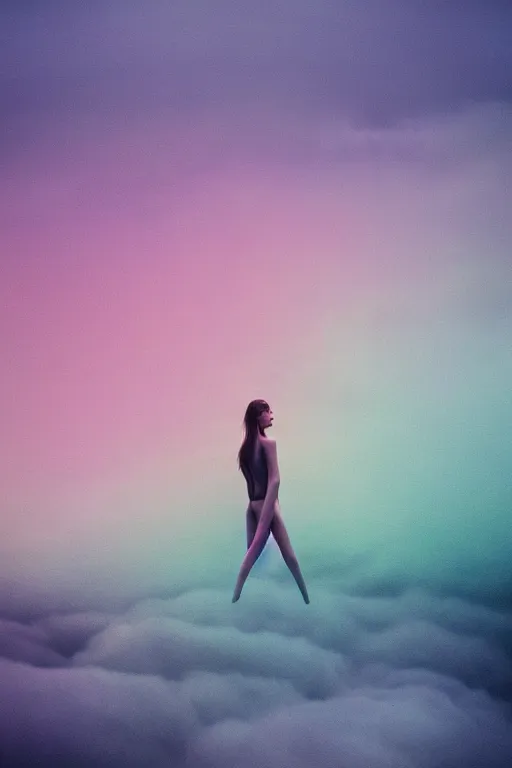 Image similar to high quality pastel coloured film close up wide angle photograph of a model wearing clothing swimming on cloud furniture in a icelandic black rock!! environment in a partially haze filled dreamstate world. three point light, rainbow. photographic production. art directed. pastel colours. volumetric clouds. pastel gradient overlay. waves glitch artefacts. extreme facial clarity. 8 k. filmic.