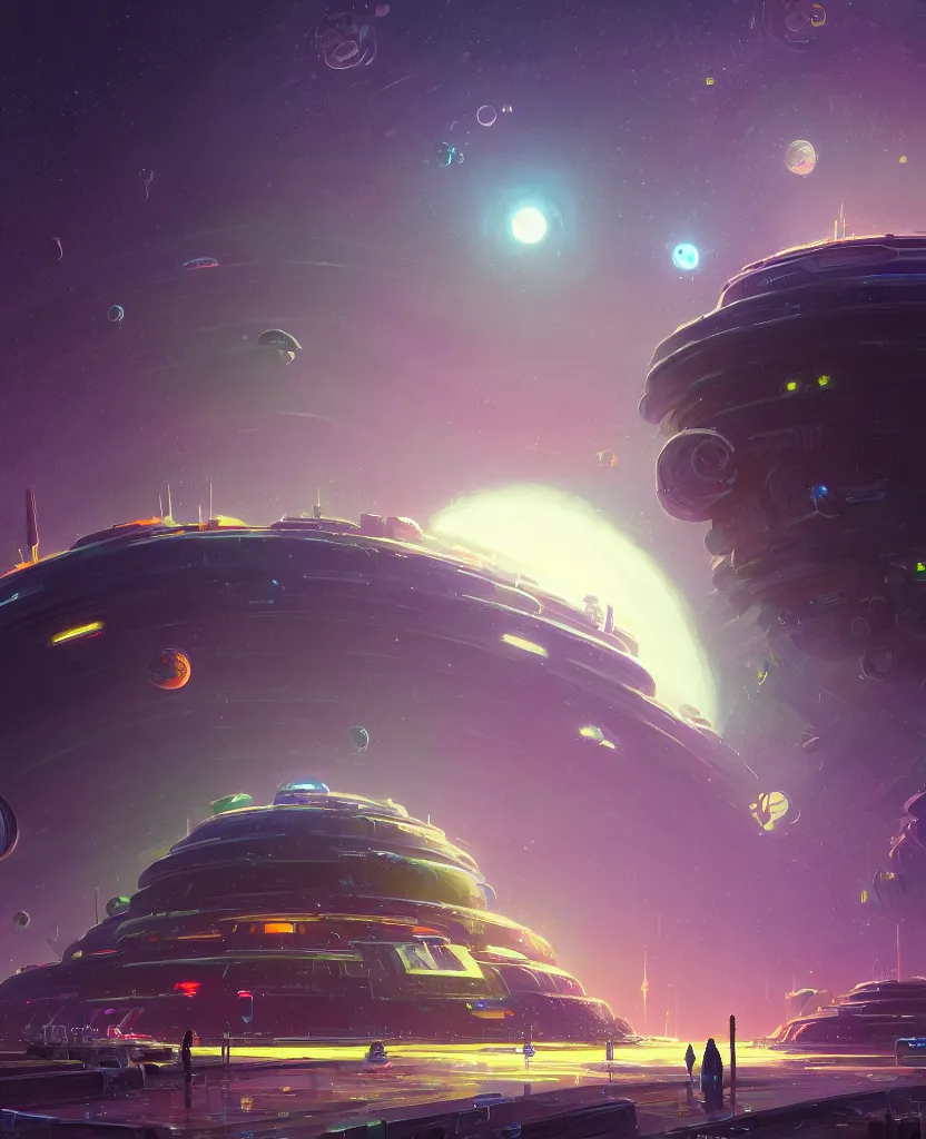 Prompt: detailed concept art of a fantastic space city with lots of colorful lights on a tiny planet with multiple little moons and some fluffy clouds and trees and rain or maybe snow and maybe some cute satellites against a breathtaking sky, by syd mead, by noah bradley, by simon stalenhag, fantasy art, octane, hdr,