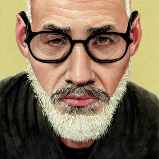 Prompt: Portrait of a handsome older bald man, with a patrician nose, black rimmed glasses, and a goatee, Watercolor, photorealistic, high resolution, award winning, trending on artstation, olive skin, beautiful bone structure, intricate, elegant, highly detailed, digital painting, artstation, concept art, smooth, sharp focus, illustration, art by phil noto and phil noto and phil noto