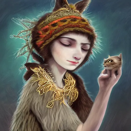 Prompt: beautiful cat with a human face wearing druid clothes in the style of ida outhwaite, 8 k realistic, trending in artstation, digital painting, studio quality, cryengine, frostbite 3 engine, character design, smooth, sharp focus