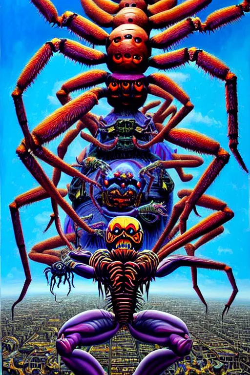 Image similar to a hyperrealistic painting of an epic boss fight against an ornate supreme evil arachnid overlord, cinematic horror by jimmy alonzo, the art of skinner, chris cunningham, lisa frank, richard corben, highly detailed, vivid color,