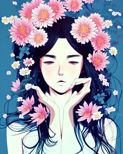 Image similar to beautiful girl next to floral bomb, detailed manga illustration!! intricate details, perfect face, perfect body, aesthetically pleasing pastel colors, poster background, aesthetic details, art by conrad roset and ilya kuvshinov