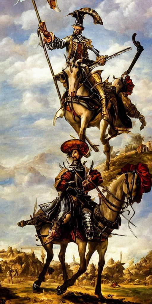 Prompt: donquixote in lamancha surrounded by white windmills airbrush fantasy 80s, realistic masterpiece