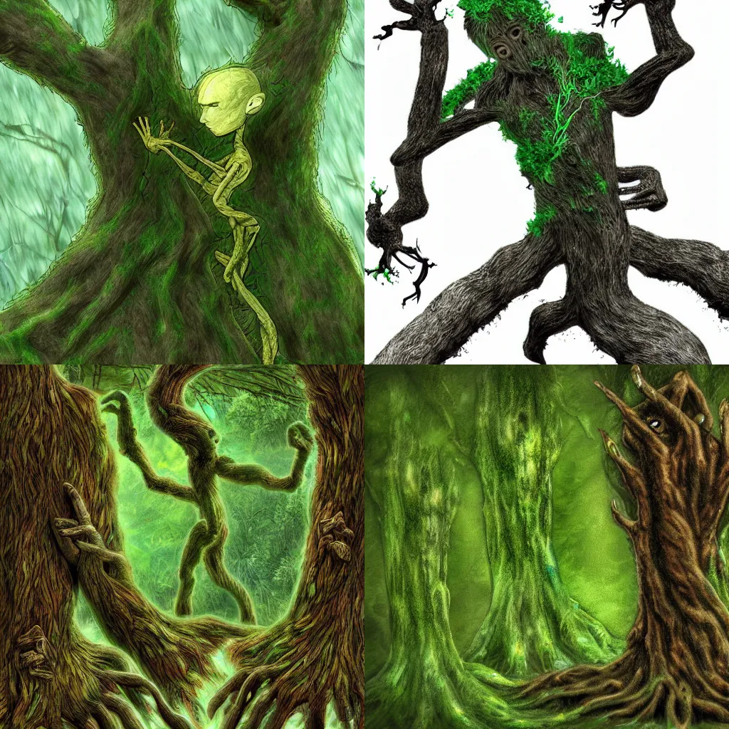 Prompt: A humanoid elemental of moss supports itself with a hand against a dead tree. From where the elemental touches, it spreads wild regrowth. Digital Art.