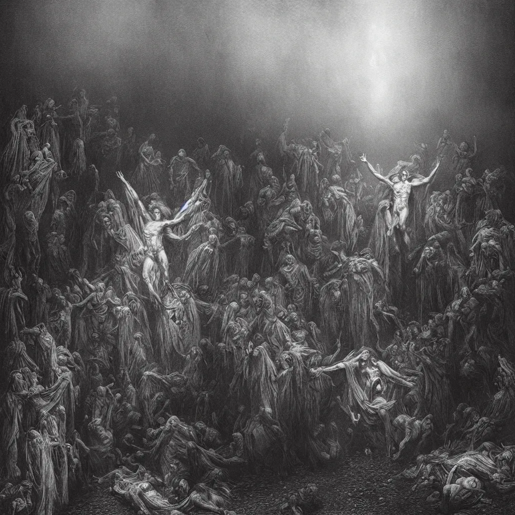 Image similar to the resurrection, creepy atmosphere, dark, portrait, realistic, very realistic, illustration by gustave dore