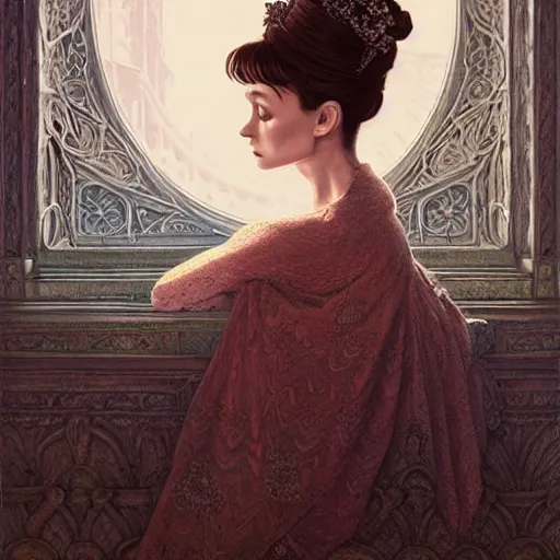 Image similar to audrey hepburn in an epic victorian novel, inside an ornate castle, intricate, elegant, highly detailed, digital painting, artstation, matte, illustration, art by artgerm, greg rutkowski, loish, rhads, ferdinand knab, makoto shinkai, lois van baarle, ilya kuvshinov, rossdraws, tom bagshaw