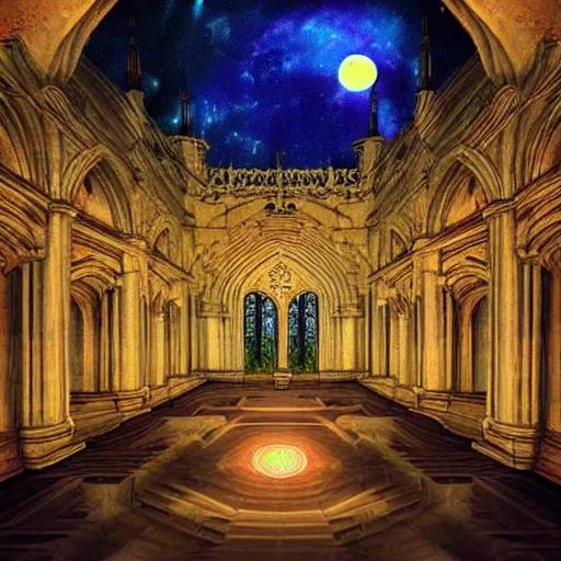 Image similar to large gothic hall with a large moon on the ceiling, cyberspace, soft light, art station, detailed, colorful, symmetrical