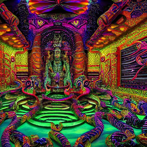 Image similar to Photorealistic inside a temple made of snakes. Hyperdetailed photorealism, 108 megapixels, amazing depth, glowing rich colors, powerful imagery, Psychedelic Overtones, Crisp, Clean image, mostly black purple and teal