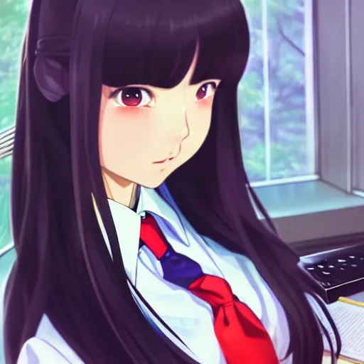 Prompt: a beautiful girl with long dark hair, wearing a school girl uniform, sitting in class at a desk, Japanese style classroom, daytime, sharp focus, intricate, digital painting, artstation, official media, anime key visual, highly detailed, rich vivid colors, ambient lighting, illustration, art by Artgerm, Makoto Shinkai, Ilya Kuvshinov, Lois Van Baarle, and Rossdraws