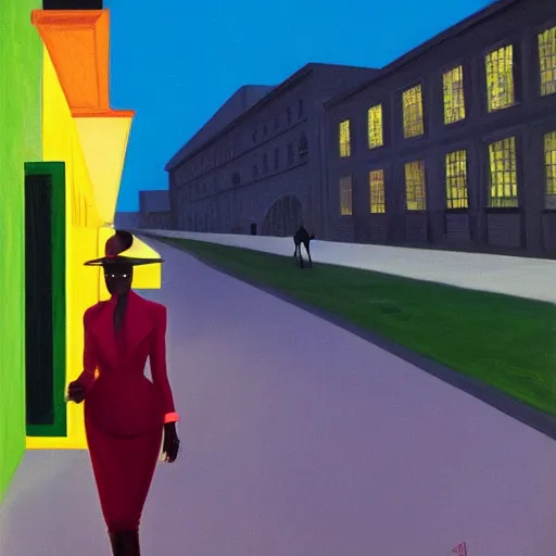 Prompt: a portrait painting of Grace Jones walking down a lit up street in the evening, in the style of Edward Hopper, 4k,