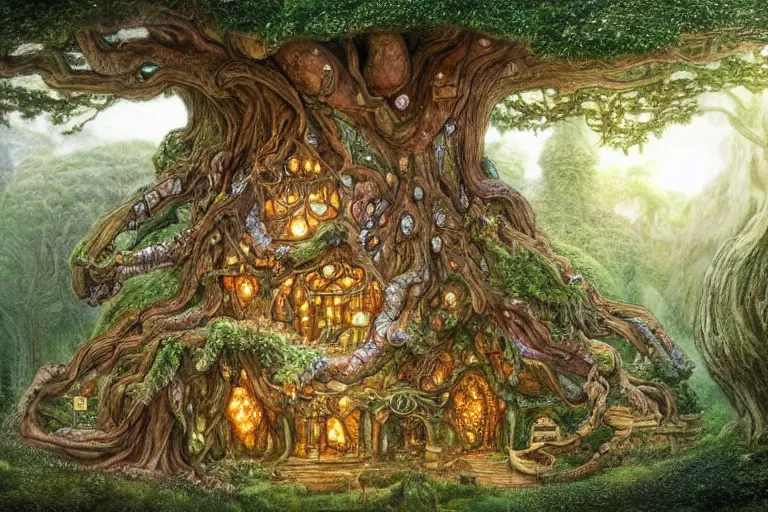 Prompt: yggdrasil the biggest tree in the world with a victorian fairy house embeded in the wood, treehouse, with long roots and branches, on the side of a magnificient lush forest on a hill, epic, beautiful light, highly detailed by beatrix potter, brian froud, amy brown, lisa frank