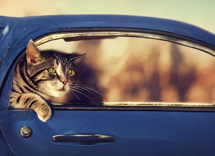 Image similar to A very high resolution image from a new movie, a cat driging around, inside of a car , mountains, Polaroid, directed by wes anderson