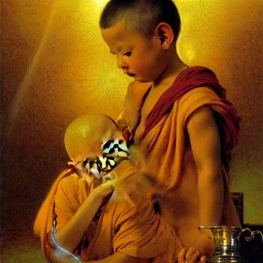 Prompt: highly cunning buddhist monk pouring liquid gold into monk kid head baroque style, painting by gaston bussiere, craig mullins, j. c. leyendecker, lights, art by ernst haeckel, john william godward, hammershøi,