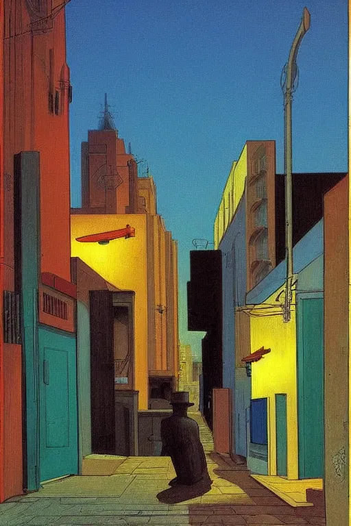 Image similar to eerie tel aviv street mystery at dusk, colorful film noir scene. by moebius, giorgio de chirico, edward hopper