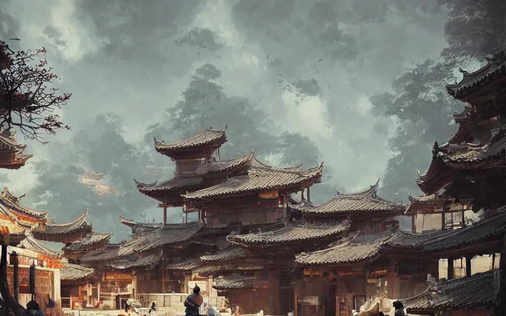 Image similar to shaolin village, sharp focus, wide shot, trending on artstation, masterpiece, by greg rutkowski, by ross tran, by fenghua zhong, octane, soft render, oil on canvas, colorful, cinematic, environmental concept art