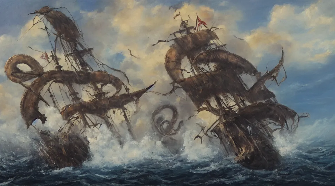 Image similar to oil painting of a pirate ship being attacked by a kraken