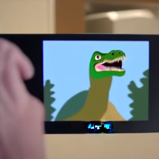 Image similar to still from a velociraptor's vlog, the velociraptor complaining about his samsung refrigerator
