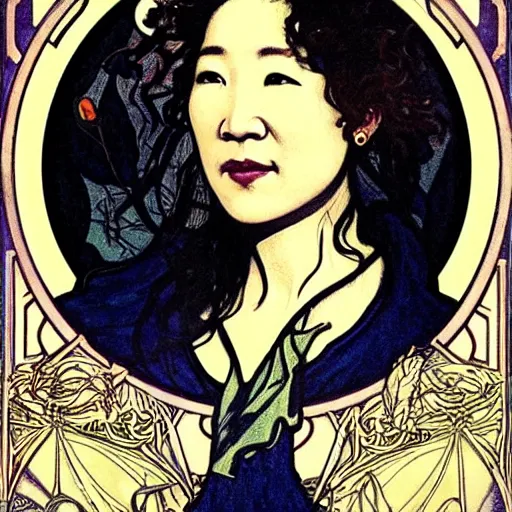 Image similar to sandra oh portrait by louis - theophile hingre and alphonse mucha, realistic, sharp focus, zodiac signs, tarot cards, planets, ethereal, art nouveau, magic, moon, sun, crown, dreamy, royal, jewellery