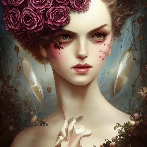 Image similar to tom bagshaw, soft painting of a curiosities carnival steampunk cavern, beautiful young aristocrat blessing flowers in full dress, perfectly detailed, symmetrical accurate intricate sensual features, highly detailed, artstation, sharp focus