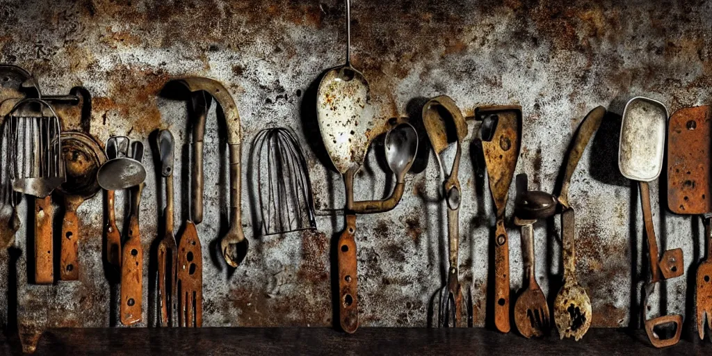 Prompt: decaying rotting puppies, moldy, on an antique distressed table top, metal kitchen utensils, old kitchen backdrop angled view, dark kitchen, style by peter lippmann, intricate detail,