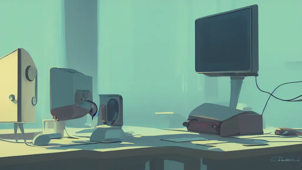 Prompt: stylized minimalist retro computer, loftis, cory behance hd, by moebius, makoto shinkai and lois van baarle, ilya kuvshinov, rossdraws global illumination