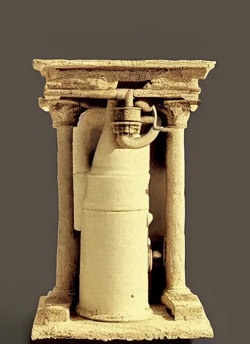 Image similar to ultra very realistic photo of a a medieval temple chemistry appliance pump, made of wood white clay 1 9 9 0, life magazine photo, natural colors, museum collection, kodak