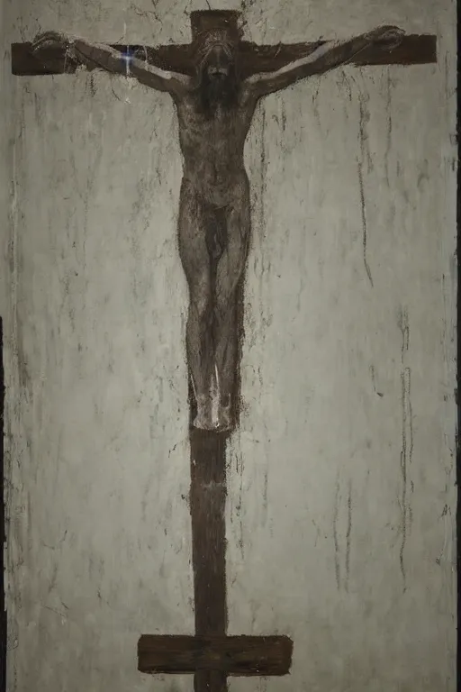 Image similar to a huge light beam illuminating jesus christ crucified painted by cy twombly and andy warhol