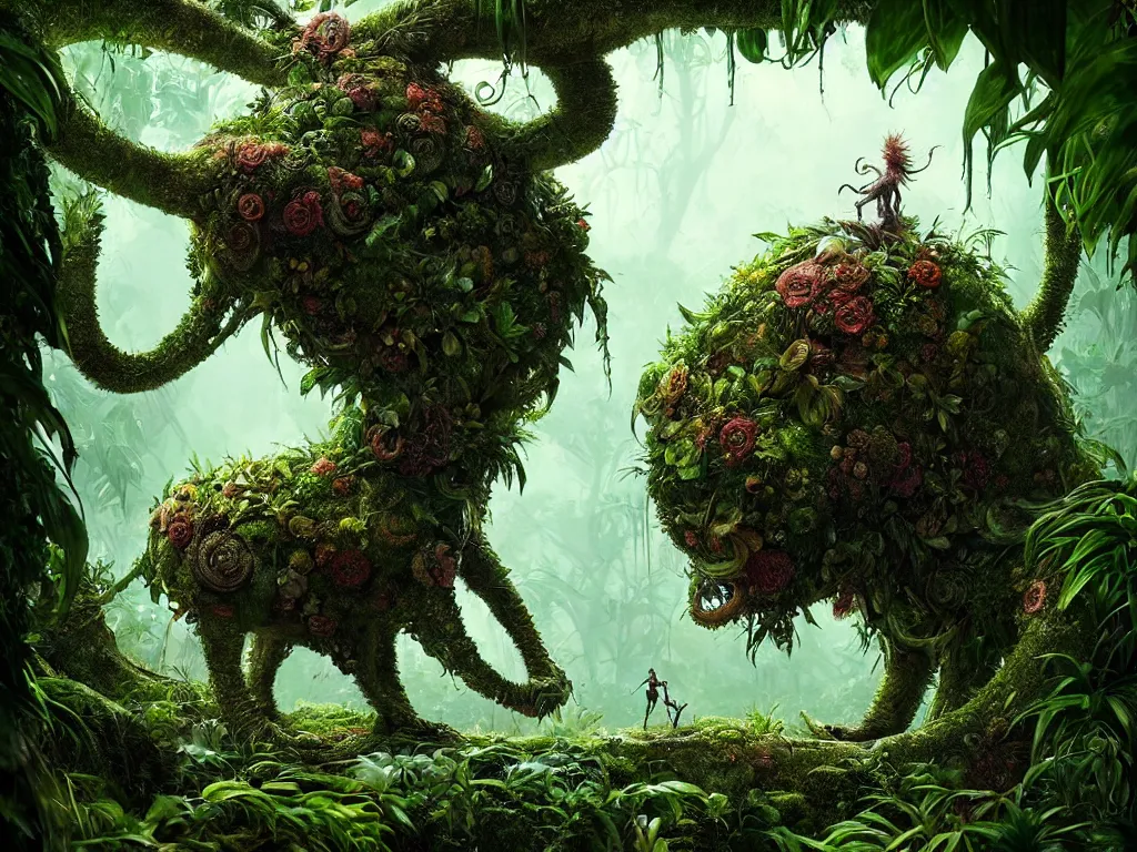 Image similar to metaverse creature in a lush trunda vegetation :: by Michal Karcz, Daniel Merriam, Victo Ngai and Guillermo del toro :: ornate, dynamic, particulate, intricate, elegant, highly detailed, centered, artstation, smooth, sharp focus, octane render, 3d