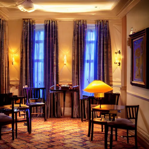 Prompt: photo in an empty hotel lobby steaming cup of cappuccino on a low table croissant on a plate coffee spoon on a napkin, liminal, diffuse light, hdr, dslr