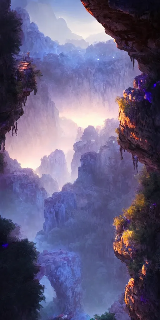 Image similar to Gorge in the mountain, white stone temple ruins, night dramatic lighting, blue and purple tones, wide camera angle, matte painting, trending on ArtStation, concept art, delightful surroundings, high detail