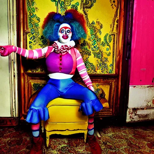 Prompt: female clown photo, wide angle lens, full body, photo by David LaChapelle