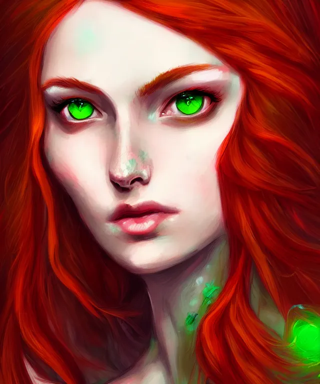 Image similar to Fae teenage girl, portrait, face, long red hair, green highlights, fantasy, intricate, elegant, highly detailed, digital painting, concept art, smooth, sharp focus, illustration