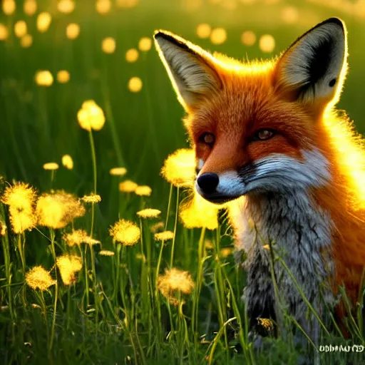 Image similar to A fox in a field of dandelions, golden hour, 50mm close up, beautiful, f/11, bokeh depth of field