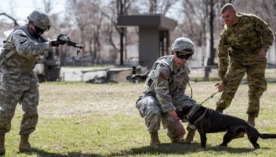 Prompt: a soldier sends a dog to attack a cyborg
