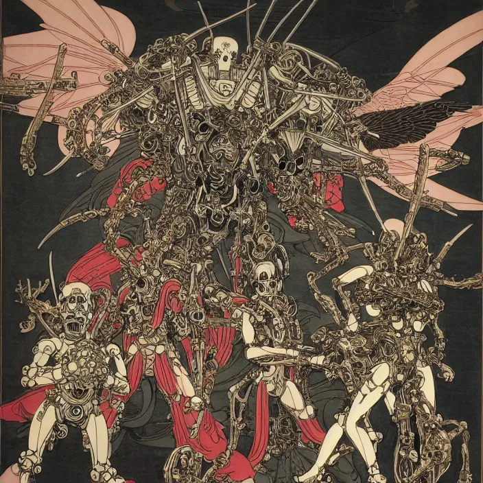 Prompt: still frame from Prometheus by Utagawa Kuniyoshi, lich Dr doom in ornate bio cybernetic bone armour fighting with mecha angels by Wayne Barlowe by peter Mohrbacher by Giger, dressed by Alexander McQueen and by Neri Oxman, metal couture hate couture editorial