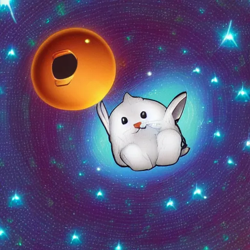 Image similar to A happy cartoon bunny protruded halfway out of a spiral black hole of stars and looked ahead-H 768