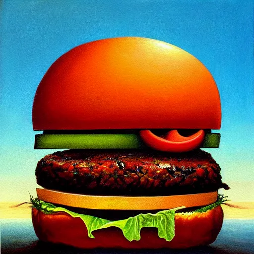 Prompt: painting of a burger with a mouth in the style of beksinski