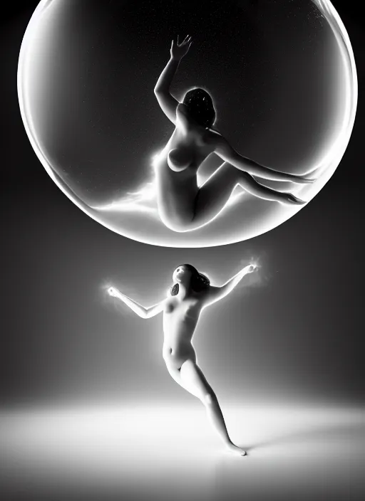 Image similar to black and white lithography of a young beautiful delicate translucent luminous ai giving birth to the new world in a bubble, inspired by michelangelo, spiritual, halo, glory, rim light, cinematic, studio dramatic light, poetic, surreal mythical dreamy dark artistic masterpiece, octane render, 8 k, photo