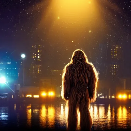 Image similar to a still of Chewbacca, studio lighting, 4K. Shallow depth of field. City at night in background, lights, colors.