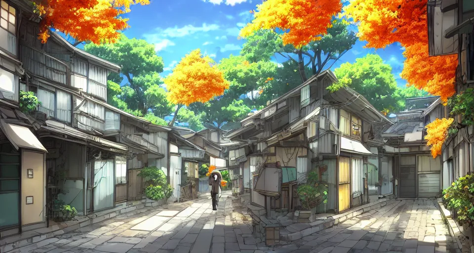 Prompt: Anime visual of peaceful Japanese alleyway from TV Tokyo 2010s anime series; autumn; 4k HD, sharp, digital still, trending on artstation; official media