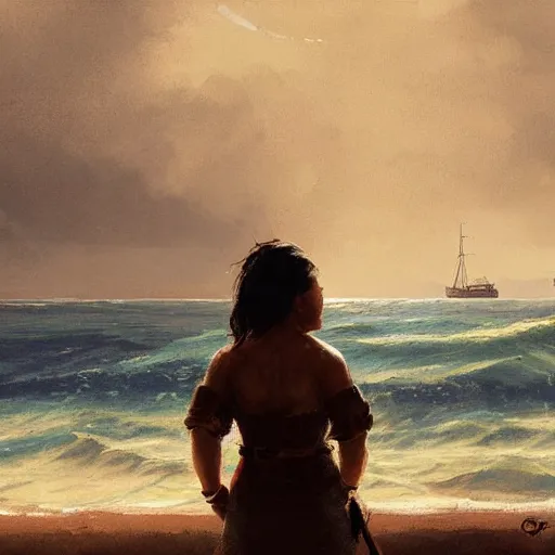 Prompt: A Pacific Islander woman watches a European tall ship approaching shore, digital art by Greg Rutkowski