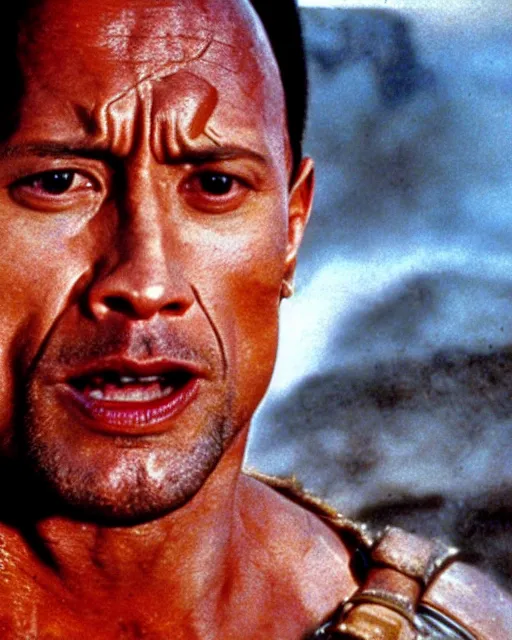 Image similar to film still close up shot of dwayne johnson in the movie mad max 2 the road warrior. photographic, photography