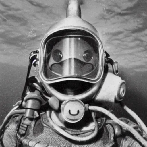 Image similar to old creepy black and white photograph of a minion in deep sea diving gear