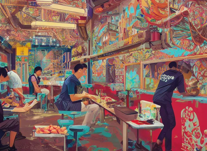 Prompt: Singapore prime ministers in a hawker centre, Tristan Eaton, victo ngai, artgerm, RHADS, ross draws