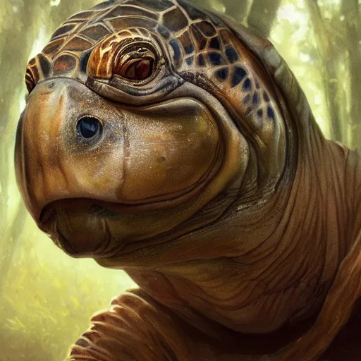 Image similar to zoomed in portrait of a hyper realistic mitch mcconnell as a turtle / tortoise, as an anthropomorphic turtle, painted by greg rutkowski, artgerm, beautiful lighting, masterpiece, epic, 4 k