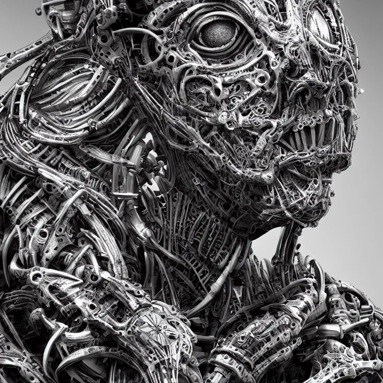 Image similar to surreal biomechanical spinal ribbed tribal exotic organic man face portrait of mechanical cyborg, beautiful detailed intricate insanely detailed BW 3D render digital art, octane render, 8K artistic photography, photorealistic