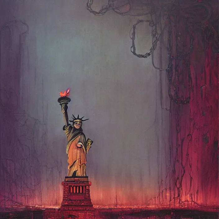 Image similar to statue of liberty in long large chains in underground city, red and purple palette, volume light, fog, by ( h. r. giger ) and paul lehr