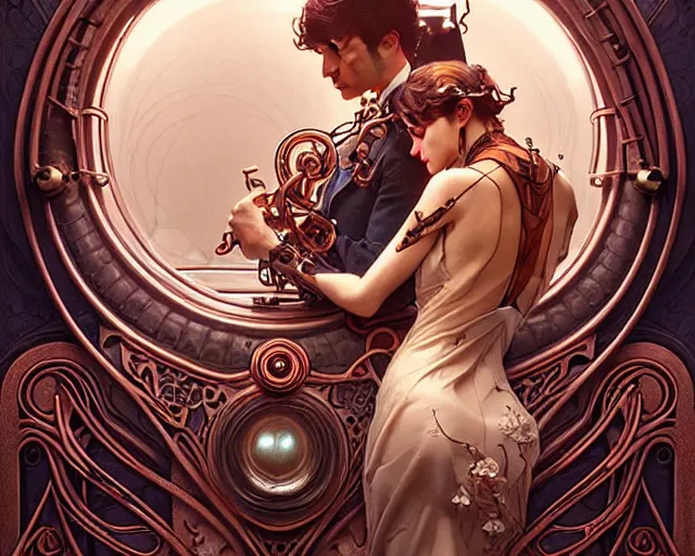 Image similar to Lovers with mechanical eyes, art nouveau, fantasy, intricate copper pipe designs, elegant, highly detailed, sharp focus, art by Artgerm and Greg Rutkowski and WLOP