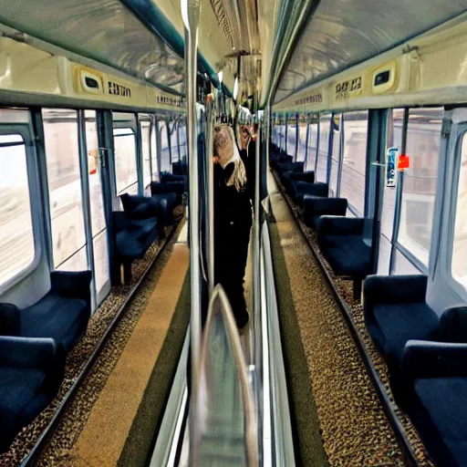 Image similar to looking down the interior of an infinitely long train from the inside of a carriage