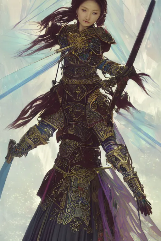 Image similar to beautiful and divine and holy and elite and colorlpunk three kingdom chinese female armor knight portrait like twice tzuyu+shinnyy eyes+front face with light flowing hair, ultradetail face, art and illustration by tian zi and craig mullins and WLOP and alphonse mucha, fantasy, intricate complexity, human structure, human anatomy, fantasy character concept, watermark, blurry, hyperrealism 8k